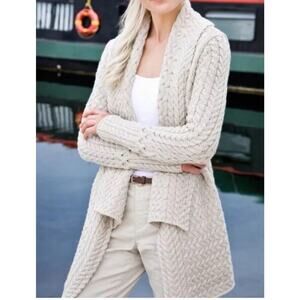 Irelands Eye Cardigan Sweater Merino Wool Cable Knit Women Sz Small Open Front